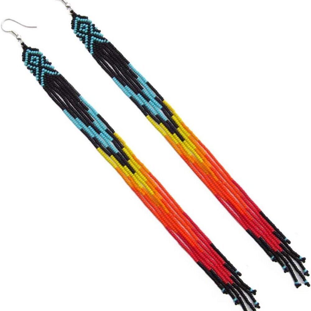 One of a kind Tribal Extra Long Beaded Statement Earrings Handmade